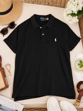 Polo Ralph Lauren Women’s Black Classic Fit Polo White Pony Shirt Large Preppy